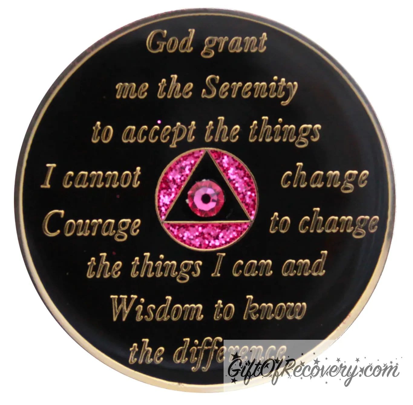 Back of pink glitter Princess bloom crystalized AA recovery medallion is black onyx and has the serenity prayer, outer rim, and the circle triangle in the center 14k gold-plated brass, the circle is glitter princess pink and triangle is black with one single pink zircon CZ genuine crystal in the center of the triangle, the recovery medallion is sealed with resin for a shiny finish.