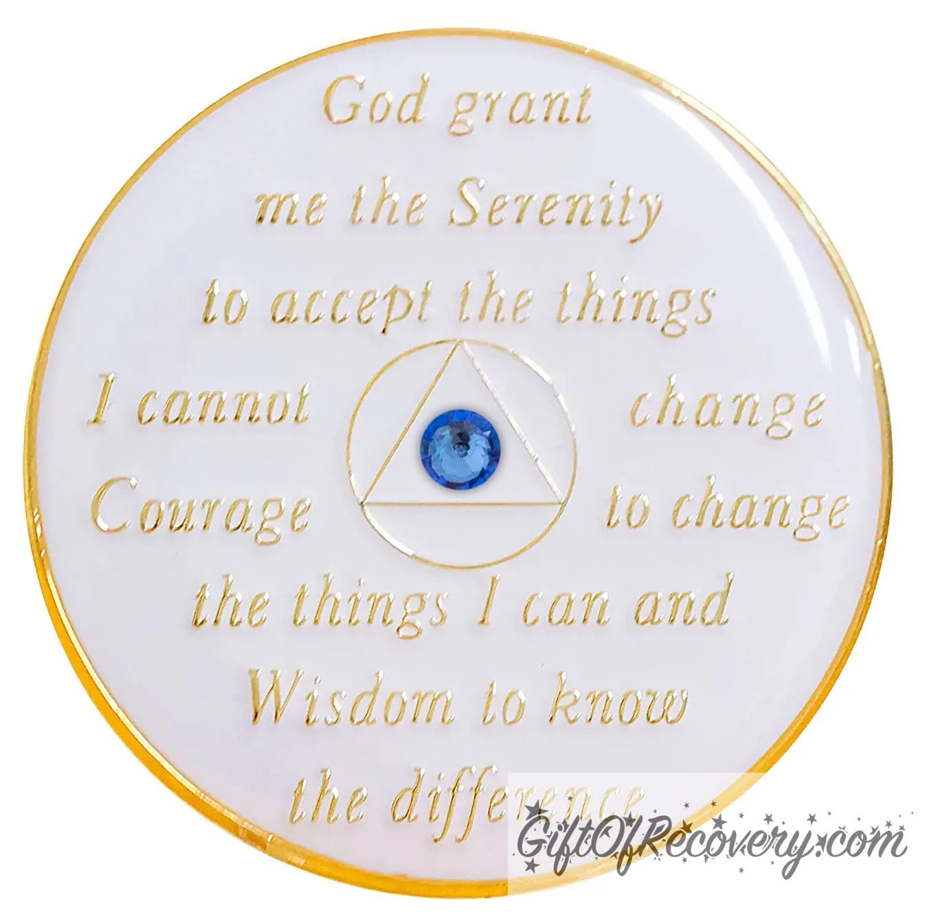 Back of Pearl white blue transformation AA medallion, with the serenity prayer, circle triangle in 14k gold plated brass, with a single blue genuine crystal in the center of the triangle.