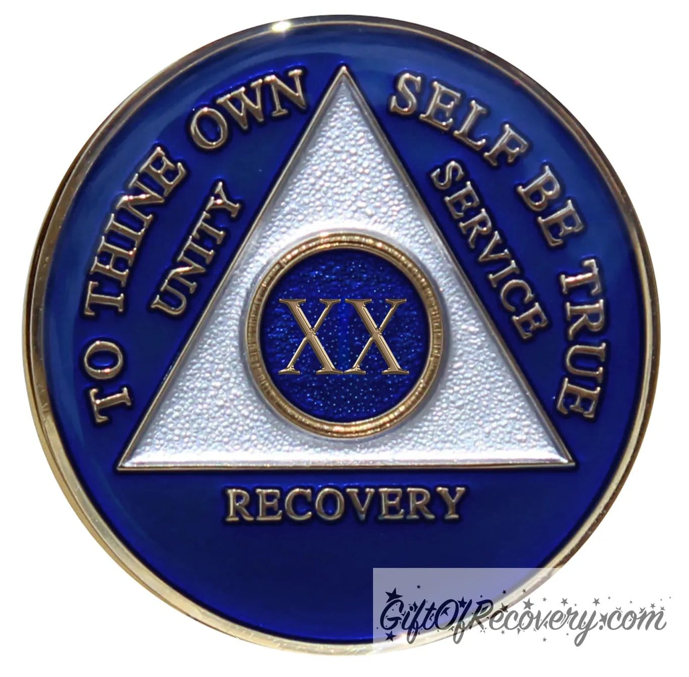 20 year AA medallion Big Book blue, to symbolize the Alcoholics Anonymous Big Book and program triangle is pearl white, to thine own self be true, unity, service, recovery, and roman numeral are embossed with 14k gold-plated brass, the recovery medallion is sealed with resin for a glossy finish that will last and is scratch free.