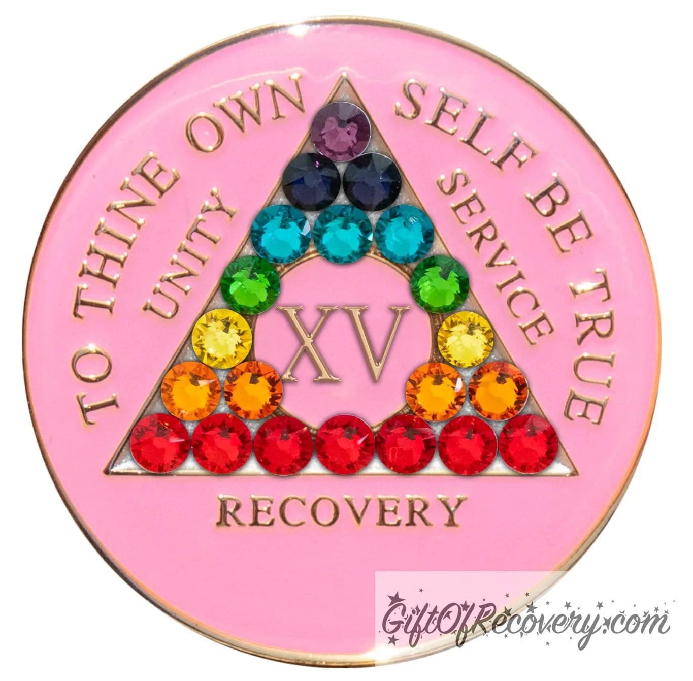 15 Year AA medallion princess pink with 21 CZ genuine crystals to represent the chakra elements by color in the triangle, AA slogan and 3 legacies are embossed with 14k gold-plated brass, sealed with resin for a lasting finish.