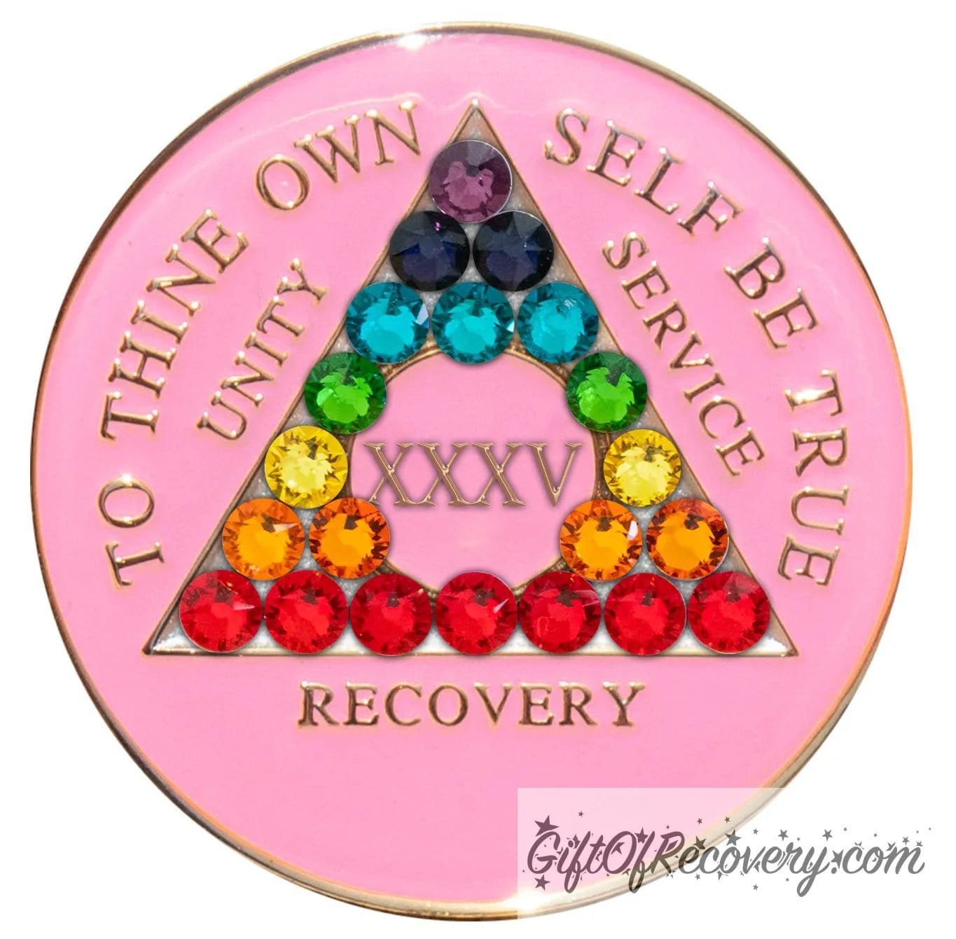 35 Year AA medallion princess pink with 21 CZ genuine crystals to represent the chakra elements by color in the triangle, AA slogan and 3 legacies are embossed with 14k gold-plated brass, sealed with resin for a lasting finish.