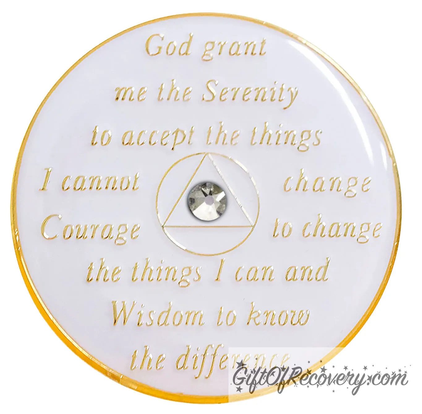 Back of Chakra AA pearl white recovery medallion is pearl white and has the serenity prayer, outer rim, and the circle triangle in the center embossed with 14k gold-plated brass, the circle and triangle is white with one single clear CZ genuine crystal in the center of the triangle, the recovery medallion is sealed with resin for a shiny finish.