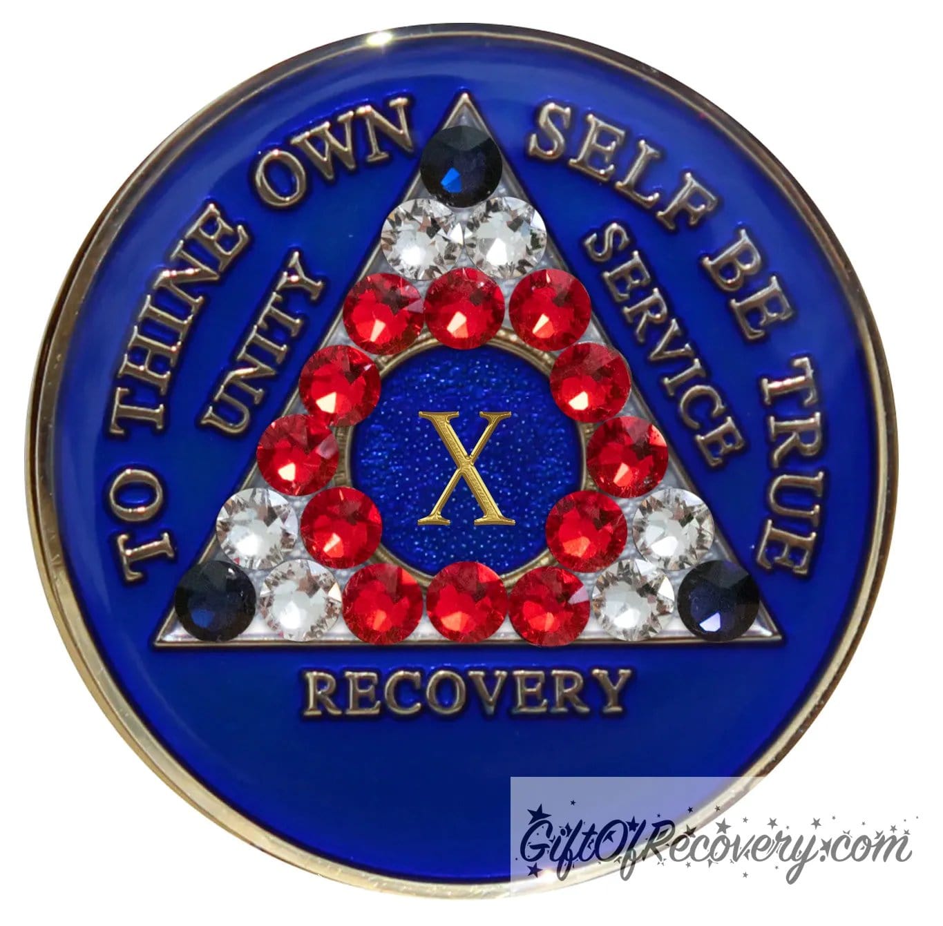 10 year AA medallion Big Book blue adorned with 3 sapphire, 6 diamond CZ, 12 red genuine crystals, red, white, blue, symbolizing proud to be an American, AA slogan three legacies are embossed with 14k gold-plated brass and sealed with resin for a glossy finish.