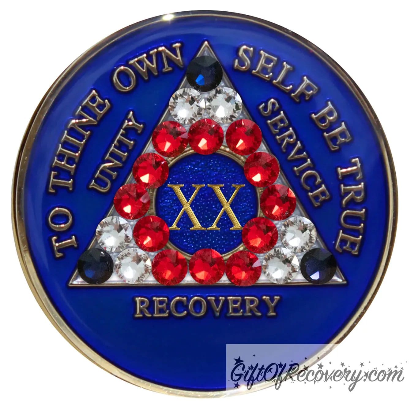 20 year AA medallion Big Book blue adorned with 3 sapphire, 6 diamond CZ, 12 red genuine crystals, red, white, blue, symbolizing proud to be an American, AA slogan three legacies are embossed with 14k gold-plated brass and sealed with resin for a glossy finish.