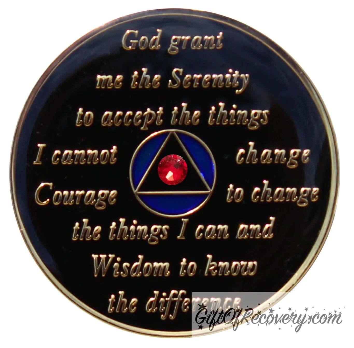 Back of Big Book blue USA CZ crystalized AA recovery medallion is black onyx and has the serenity prayer, outer rim, and the circle triangle in the center 14k gold-plated brass, the circle is blue and triangle is black with one single red CZ genuine crystal in the center of the triangle, the recovery medallion is sealed with resin for a shiny finish.
