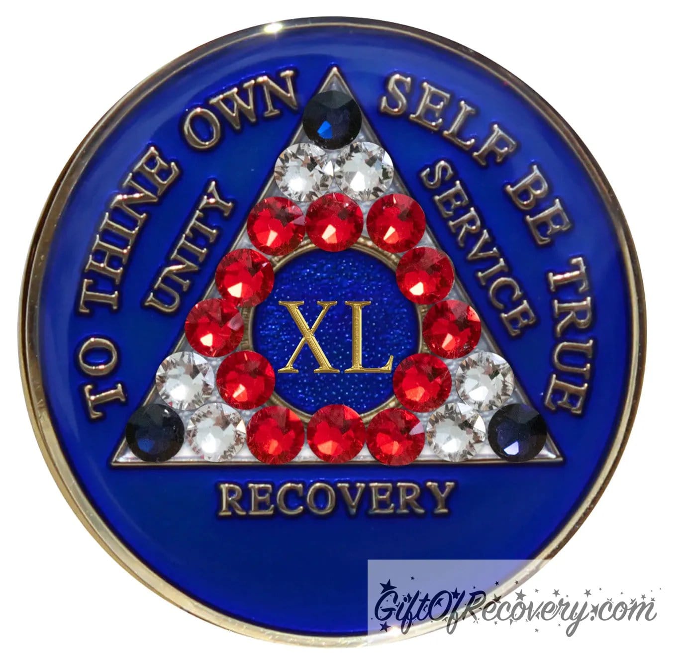 40 year AA medallion Big Book blue adorned with 3 sapphire, 6 diamond CZ, 12 red genuine crystals, red, white, blue, symbolizing proud to be an American, AA slogan three legacies are embossed with 14k gold-plated brass and sealed with resin for a glossy finish.