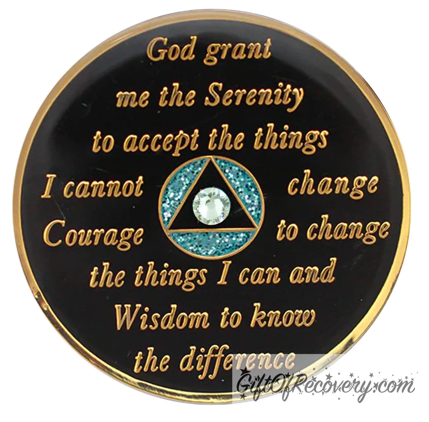 Back of deep sea Aqua glitter diamond CZ crystalized AA recovery medallion is black onyx and has the serenity prayer, outer rim, and the circle triangle in the center 14k gold-plated brass, the circle is glitter aqua and triangle is black with one single diamond CZ genuine crystal in the center of the triangle, the recovery medallion is sealed with resin for a shiny finish.