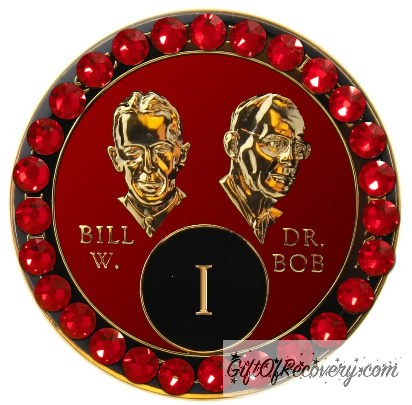 1 year AA Bill & Bob Ruby red recovery medallion with 28 genuine red Siam crystals around the rim, this medallion is to honor our founders and our time, stylized busts of Bill W. and Dr. Bob, with their names, in embossed 14k gold-plated brass, the medallion is sealed with resin for a glossy finish.
