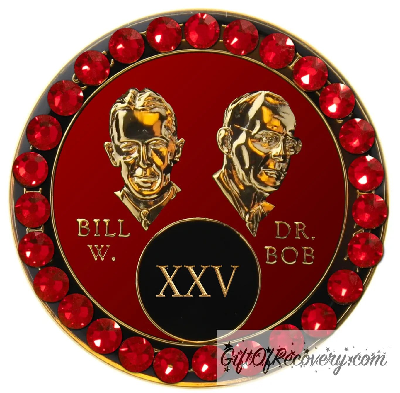 25 year AA Bill & Bob Ruby red recovery medallion with 28 genuine red Siam crystals around the rim, this medallion is to honor our founders and our time, stylized busts of Bill W. and Dr. Bob, with their names, in embossed 14k gold-plated brass, the medallion is sealed with resin for a glossy finish.