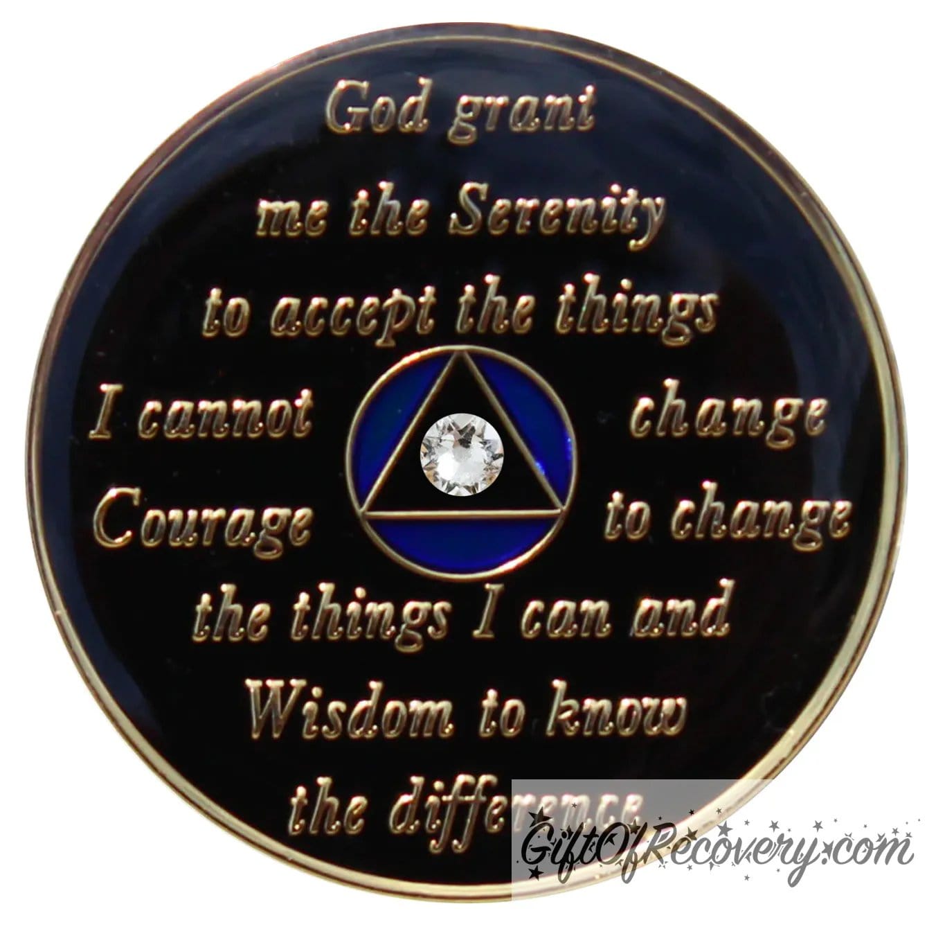 Back of Big Book blue diamond CZ crystalized AA recovery medallion is black onyx and has the serenity prayer, outer rim, and the circle triangle in the center 14k gold-plated brass, the circle is blue and triangle is black with one single diamond CZ genuine crystal in the center of the triangle, the recovery medallion is sealed with resin for a shiny finish.