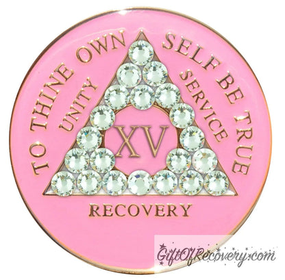 Sobriety Chip AA Crystallized Triplate Pink & Diamond 15