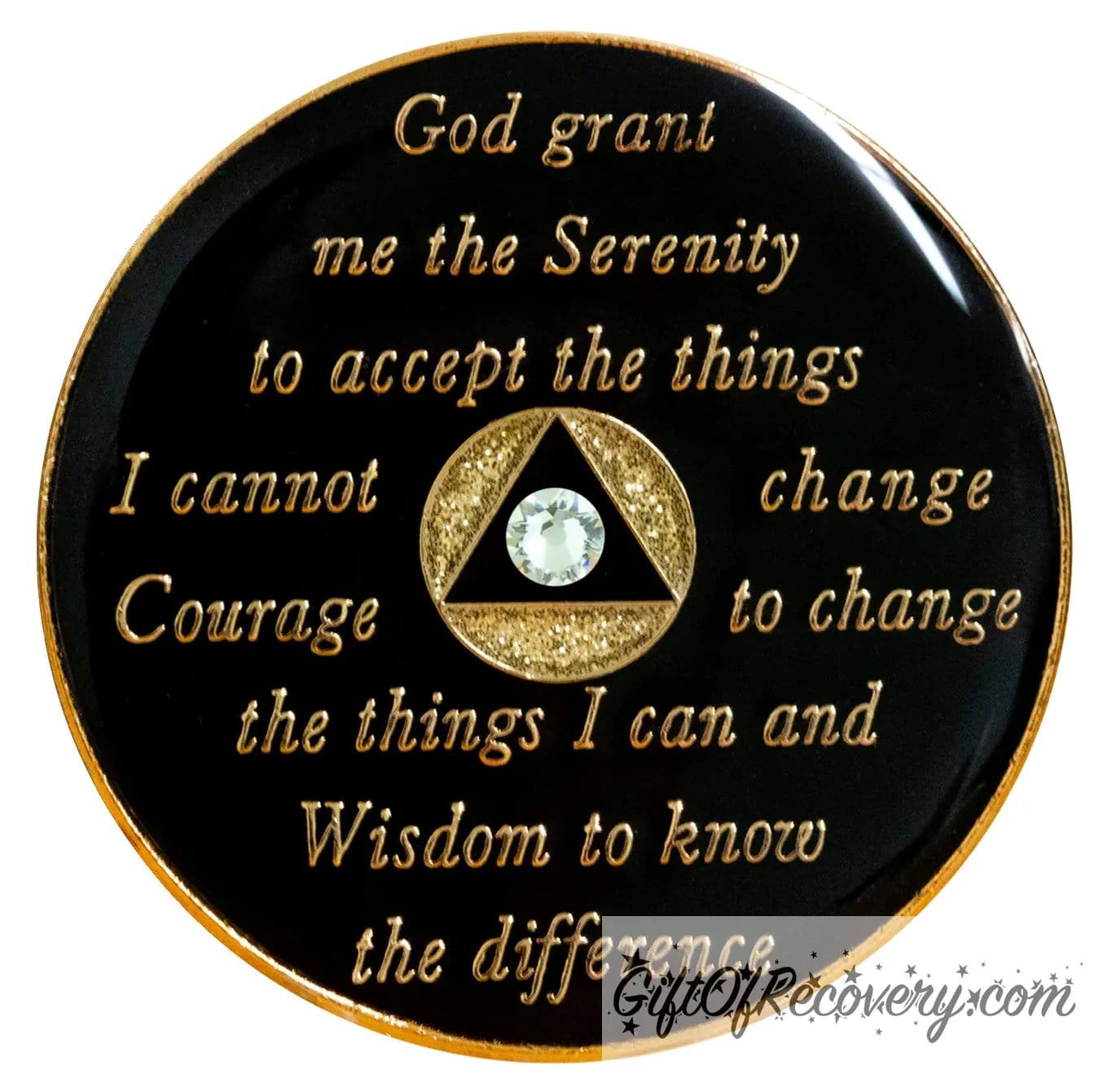 Back of gold glitter AA recovery medallion is black and has the serenity prayer, outer rim, and the circle triangle in the center embossed with 14k gold-plated brass, the circle is gold glitter and triangle is black with one single diamond CZ genuine crystal in the center of the triangle, the recovery medallion is sealed with resin for a shiny finish.