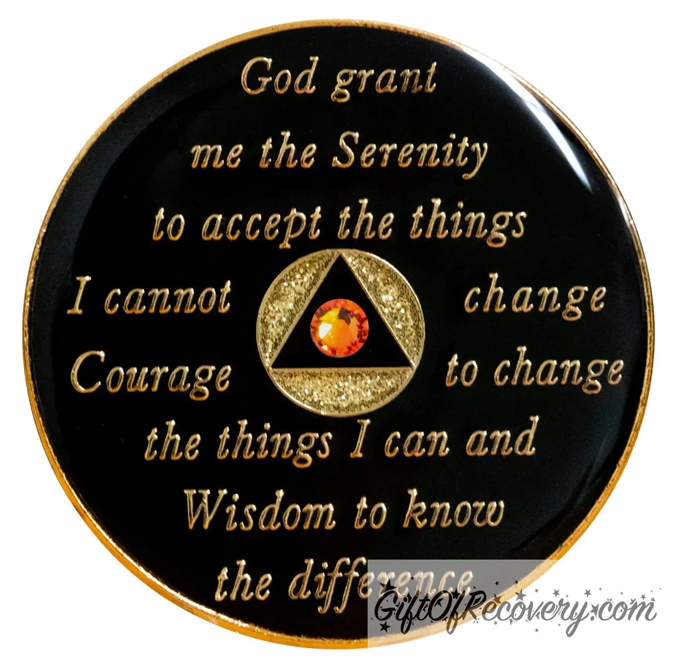 Back of gold glitter AA recovery medallion is black and has the serenity prayer, outer rim, and the circle triangle in the center embossed with 14k gold-plated brass, the circle is gold glitter and triangle is black with one single fire opal genuine crystal in the center of the triangle, the recovery medallion is sealed with resin for a shiny finish.