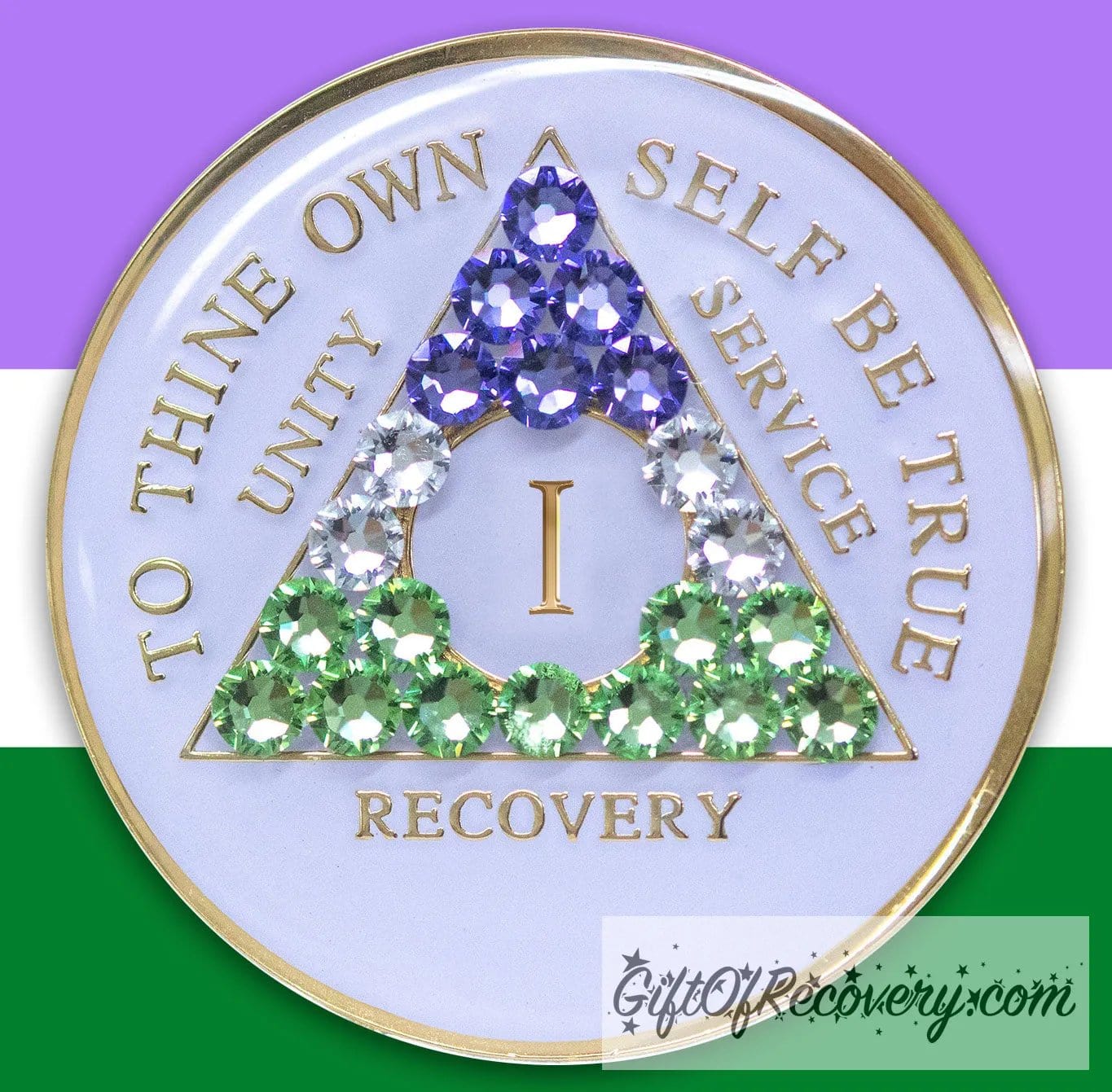 1 year AA medallion pearl white with 21 genuine crystals that form the triangle and are in the color of the Genderqueer flag, to represent pride and sobriety, the AA slogan and three legacies are embossed with 14k gold-plated brass and sealed with resin for a glossy finish that will last and is scratch proof, pictured on an image of the Genderqueer flag colors.