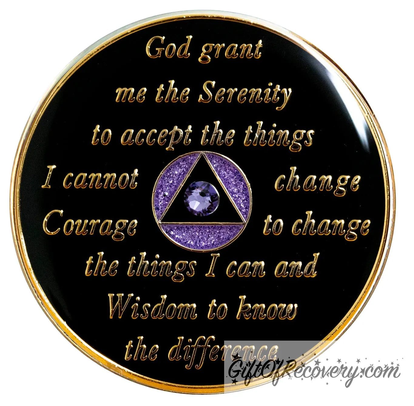 Back of purple glitter Amethyst transition crystalized AA recovery medallion is black onyx and has the serenity prayer, outer rim, and the circle triangle in the center 14k gold-plated brass, the circle is glitter purple and triangle is black with one single purple CZ genuine crystal in the center of the triangle, the recovery medallion is sealed with resin for a shiny finish.