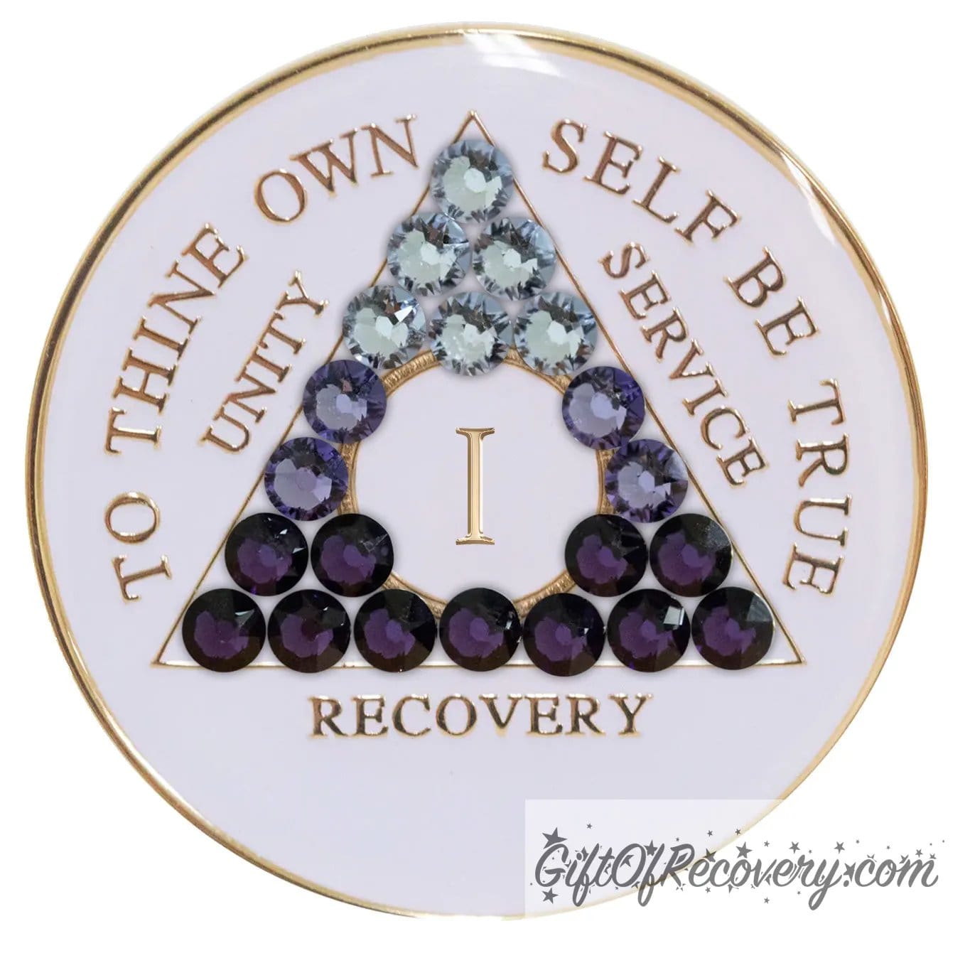 1 year AA medallion in pearl white with twenty-one purple, light to dark, genuine crystals in the shape of the triangle, symbolizing growth from darkness to light, with the AA moto and roman numeral embossed in 14k gold-plated brass, sealed in a high-quality, chip and scratch-resistant resin dome giving it a beautiful glossy look that will last.