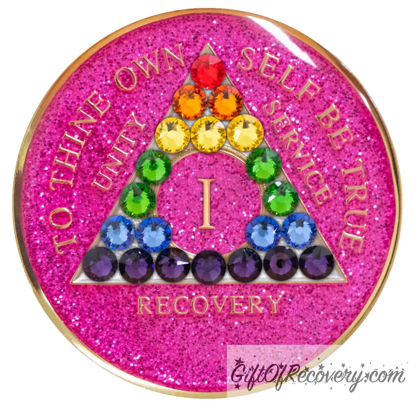 1 year AA medallion pink glitter princess with 21 genuine crystals in the colors of the rainbow to represent the LBGTQIA+ community or renewal and self-discovery in your recovery journey, in the shape of the triangle, the AA moto is embossed with 14k gold-plated brass and sealed with resin for a shiny finish.