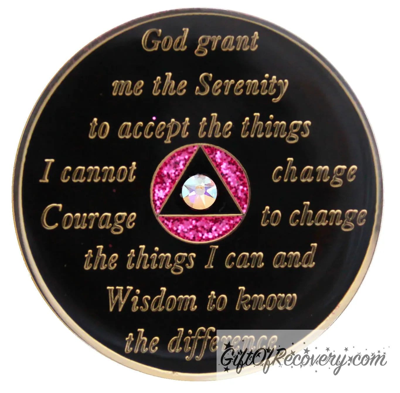 Back of pink glitter Princess rainbow crystalized AA recovery medallion is black onyx and has the serenity prayer, outer rim, and the circle triangle in the center 14k gold-plated brass, the circle is glitter princess pink and triangle is black with one single AB CZ genuine crystal in the center of the triangle, the recovery medallion is sealed with resin for a shiny finish.