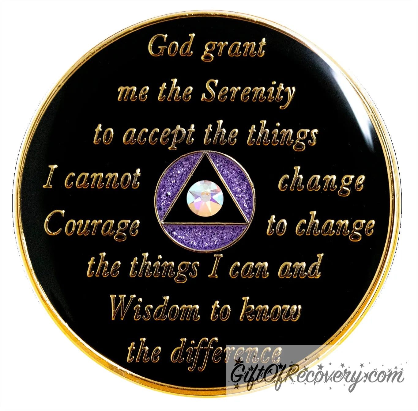 Back of purple glitter Amethyst rainbow crystalized AA recovery medallion is black onyx and has the serenity prayer, outer rim, and the circle triangle in the center 14k gold-plated brass, the circle is glitter purple and triangle is black with one single AB CZ genuine crystal in the center of the triangle, the recovery medallion is sealed with resin for a shiny finish.