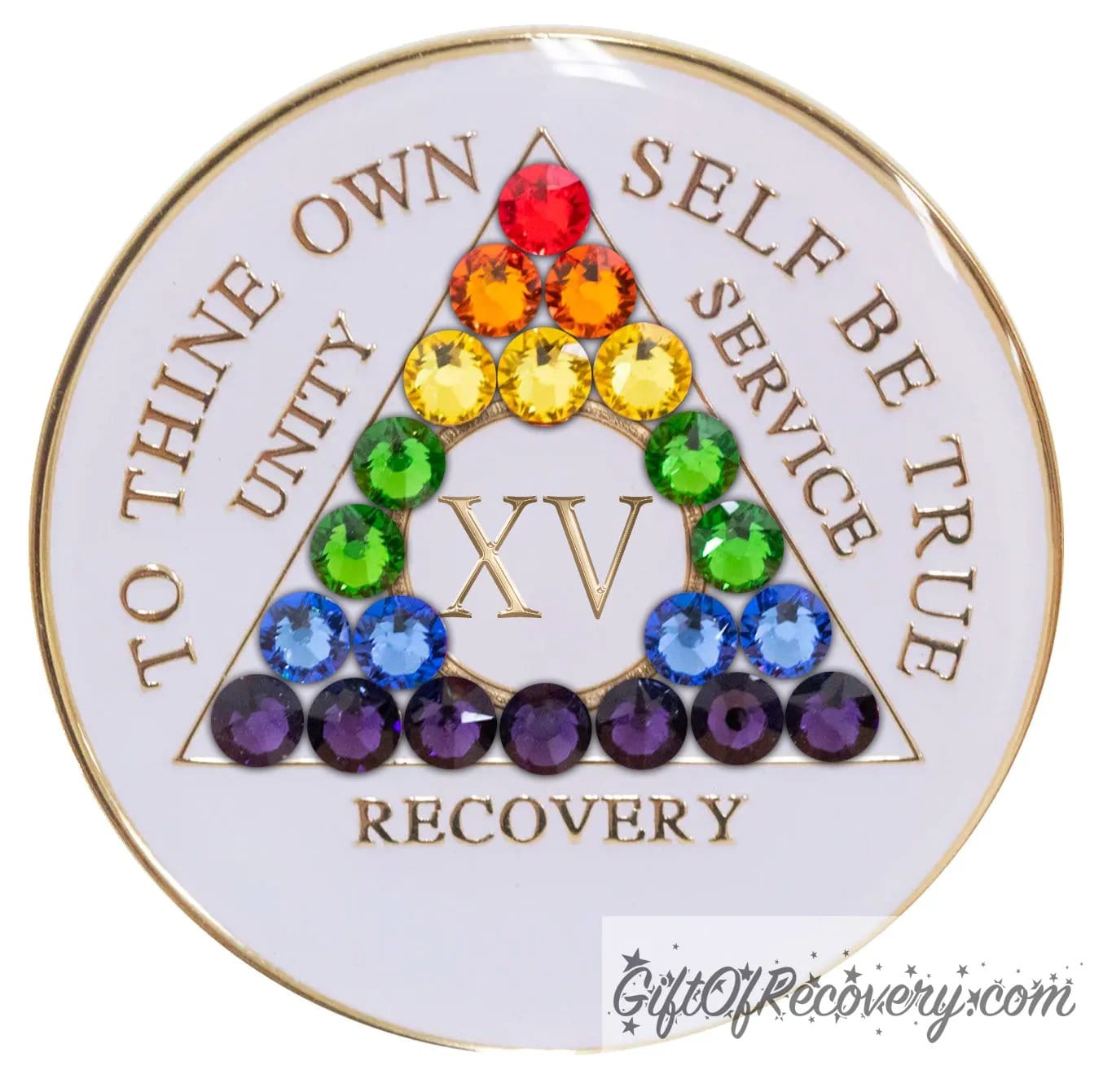 15 year AA medallion pearl white with 21 genuine crystals in the colors of the rainbow, symbolizing renewal and self-discovery, to thine own self be true, unity, service, recovery and roman numeral are embossed with 14k gold-plated brass, sealed in a high-quality, chip and scratch-resistant resin dome giving it a beautiful glossy look that will last.