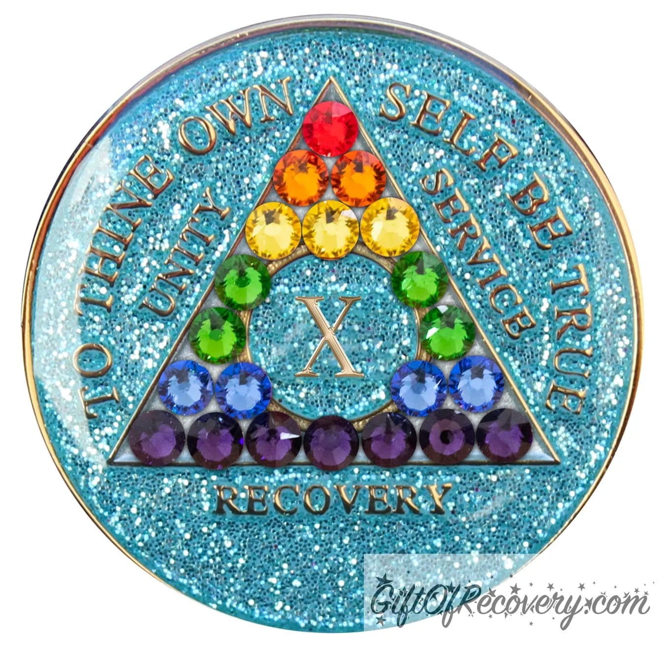 10 year deep sea aqua glitter AA medallion adorned with 21 genuine crystals representing the rainbow in the shape of the triangle to support renewal and growth on the journey of recovery, and also to support the LBGTQIA+ community, stand proud at all times the AA moto is embossed with 14k gold-plated brass and sealed with resin for a glossy finish that is scratch proof and will last.