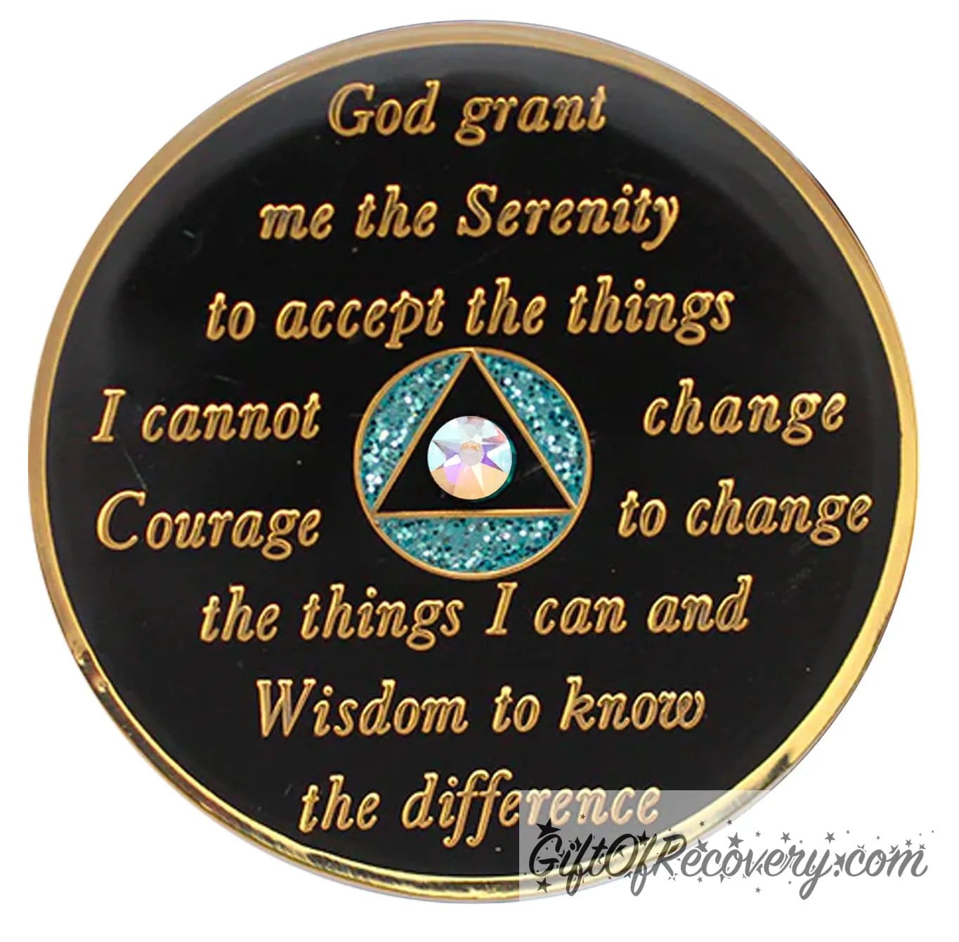 Back of deep sea Aqua glitter rainbow crystalized AA recovery medallion is black onyx and has the serenity prayer, outer rim, and the circle triangle in the center 14k gold-plated brass, the circle is glitter aqua and triangle is black with one single AB CZ genuine crystal in the center of the triangle, the recovery medallion is sealed with resin for a shiny finish.