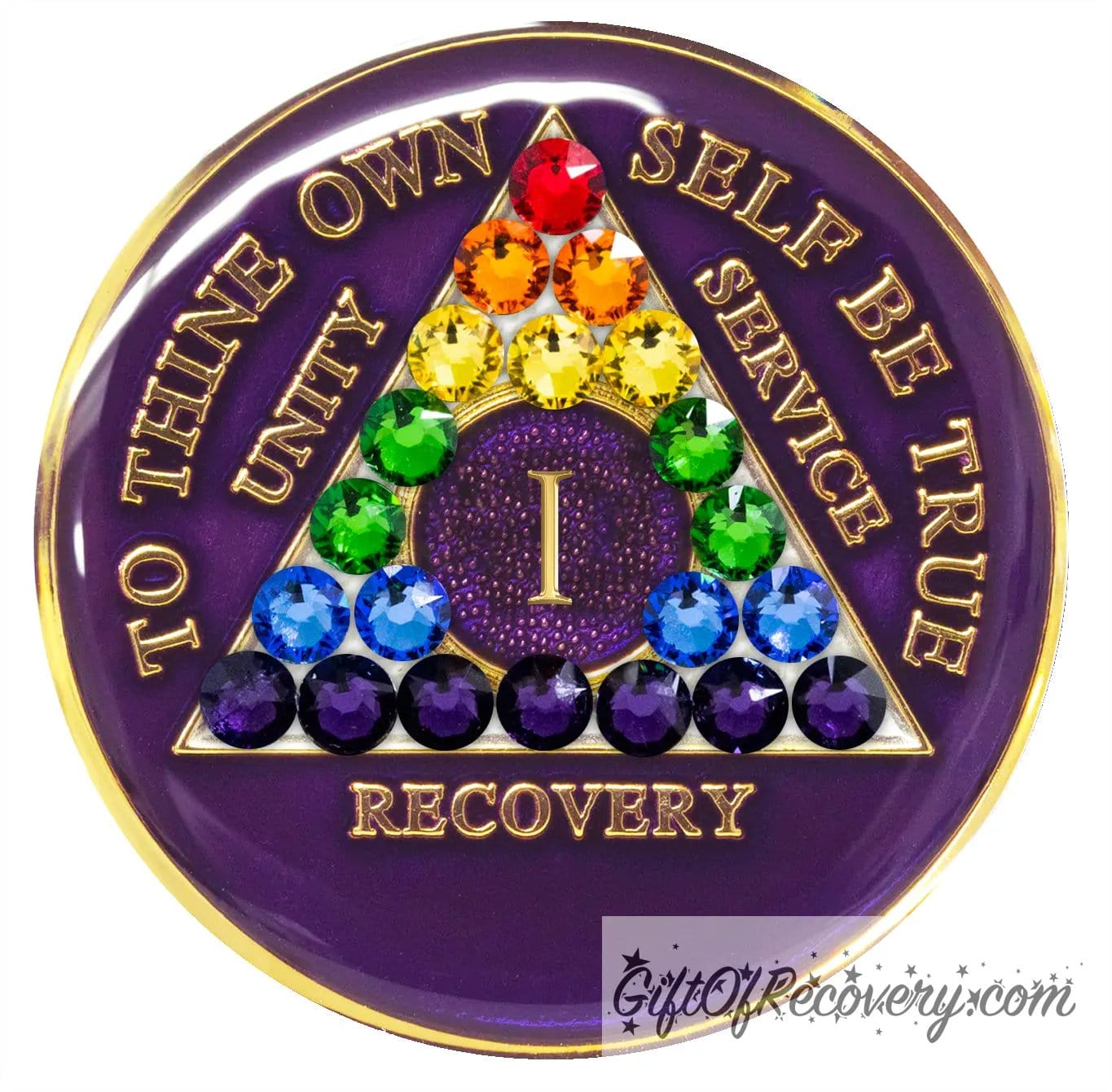 1 year AA medallion Amethyst purple, with rainbow genuine crystals as the triangle to represent the LBGTQIA+ community, show your pride, to also represent new beginnings and a love for rainbows, to thine own self be true and other AA moto is embossed 14k gold-plated brass, sealed with resin for a glossy finish that will last and is scratch proof.