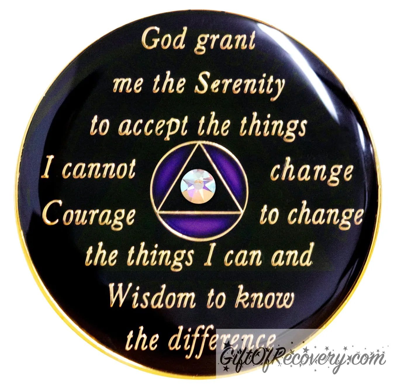 Back of Purple rainbow AA recovery medallion is black onyx and has the serenity prayer, outer rim, and the circle triangle in the center 14k gold-plated brass, the circle is amethyst purple and triangle is black with one single diamond CZ genuine crystal in the center of the triangle, the recovery medallion is sealed with resin for a shiny finish.