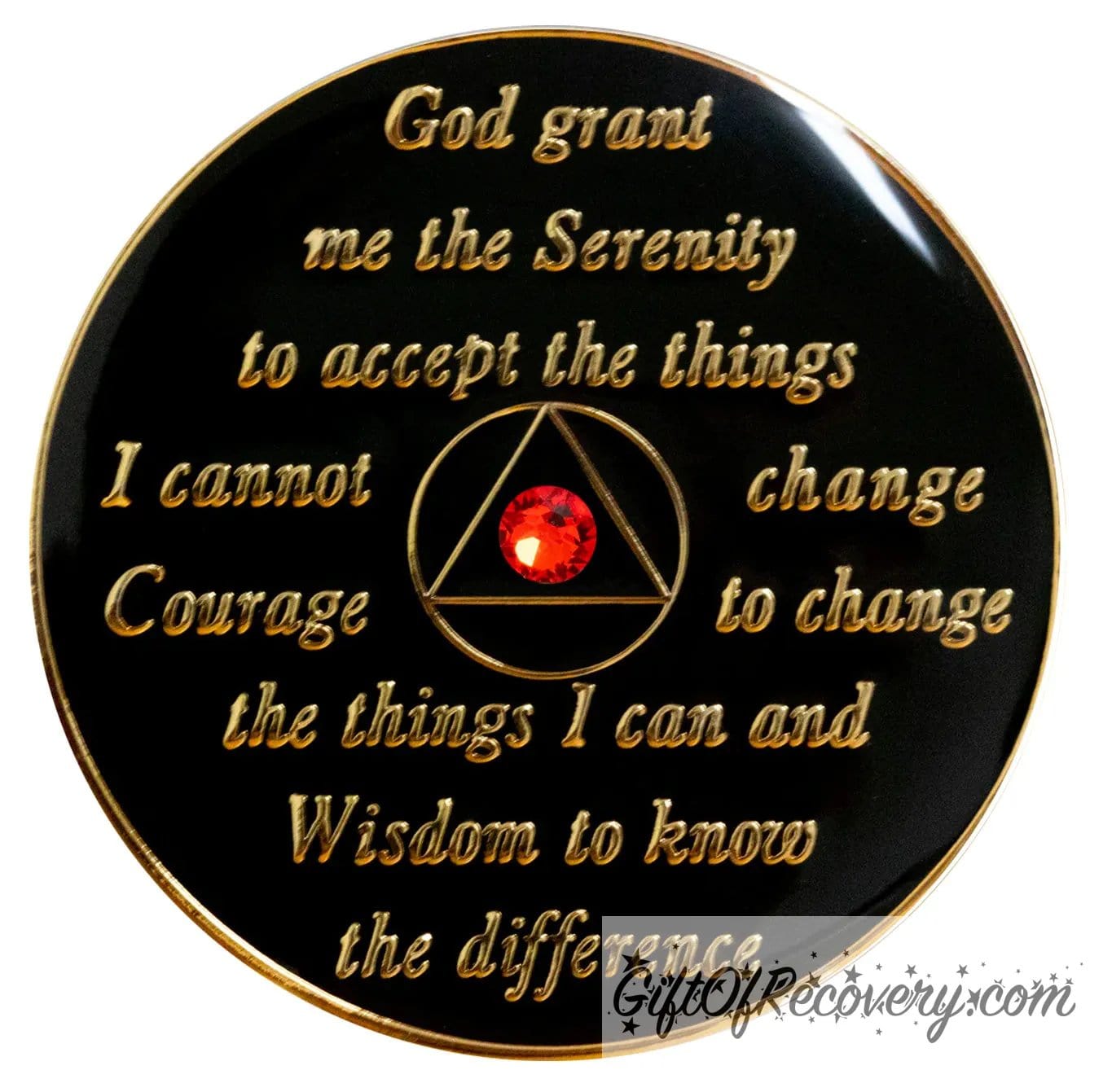 Back of transition AA recovery medallion is black onyx and has the serenity prayer, outer rim, and the circle triangle in the center 14k gold-plated brass, the circle and triangle are black with one single red genuine crystal in the center of the triangle, the recovery medallion is sealed with resin for a shiny finish.