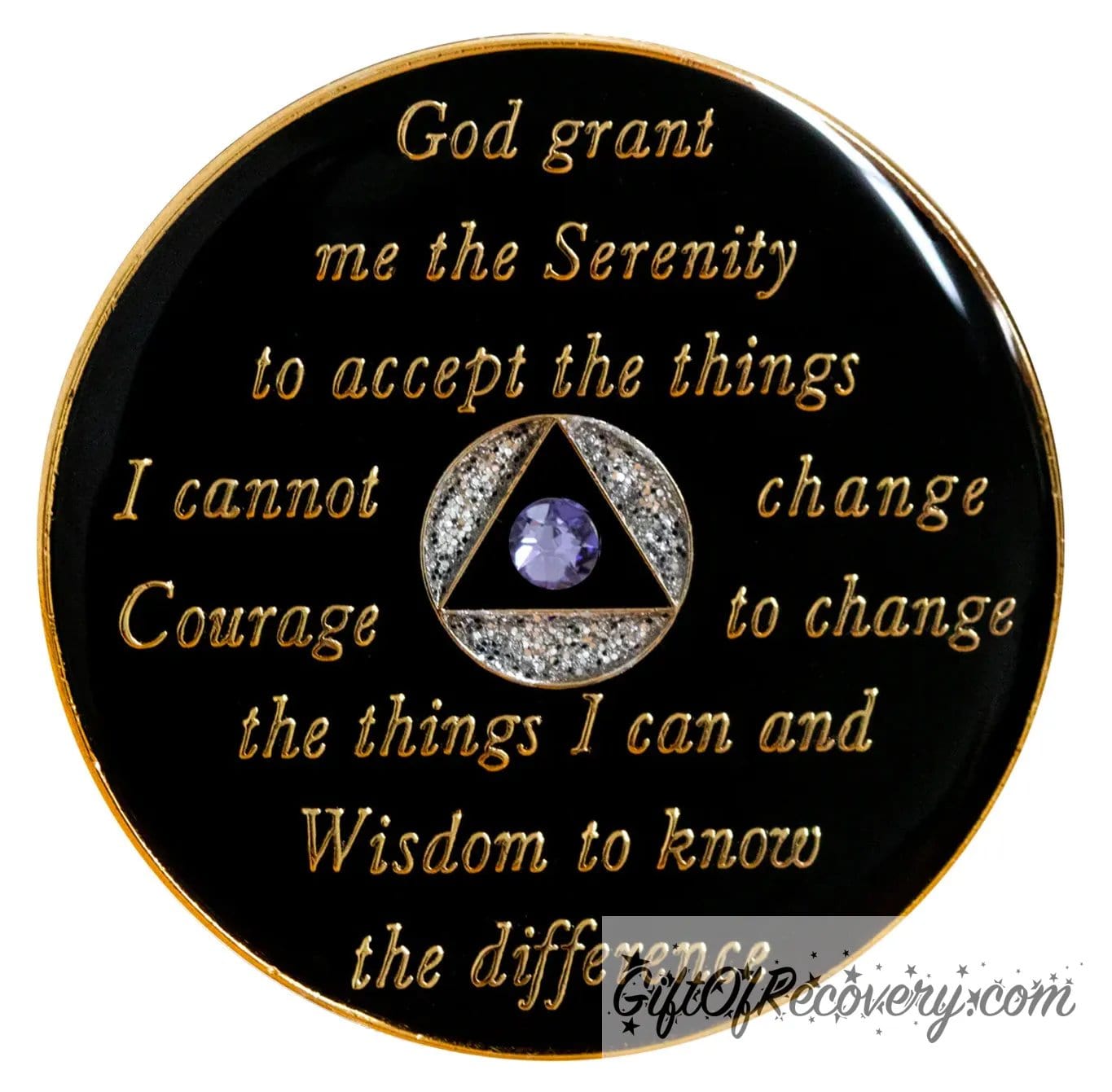 Back of silver glitter AA recovery medallion is black and has the serenity prayer, outer rim, and the circle triangle in the center embossed with 14k gold-plated brass, the circle is silver glitter and triangle is black with one single purple genuine crystal in the center of the triangle, the recovery medallion is sealed with resin for a shiny finish.
