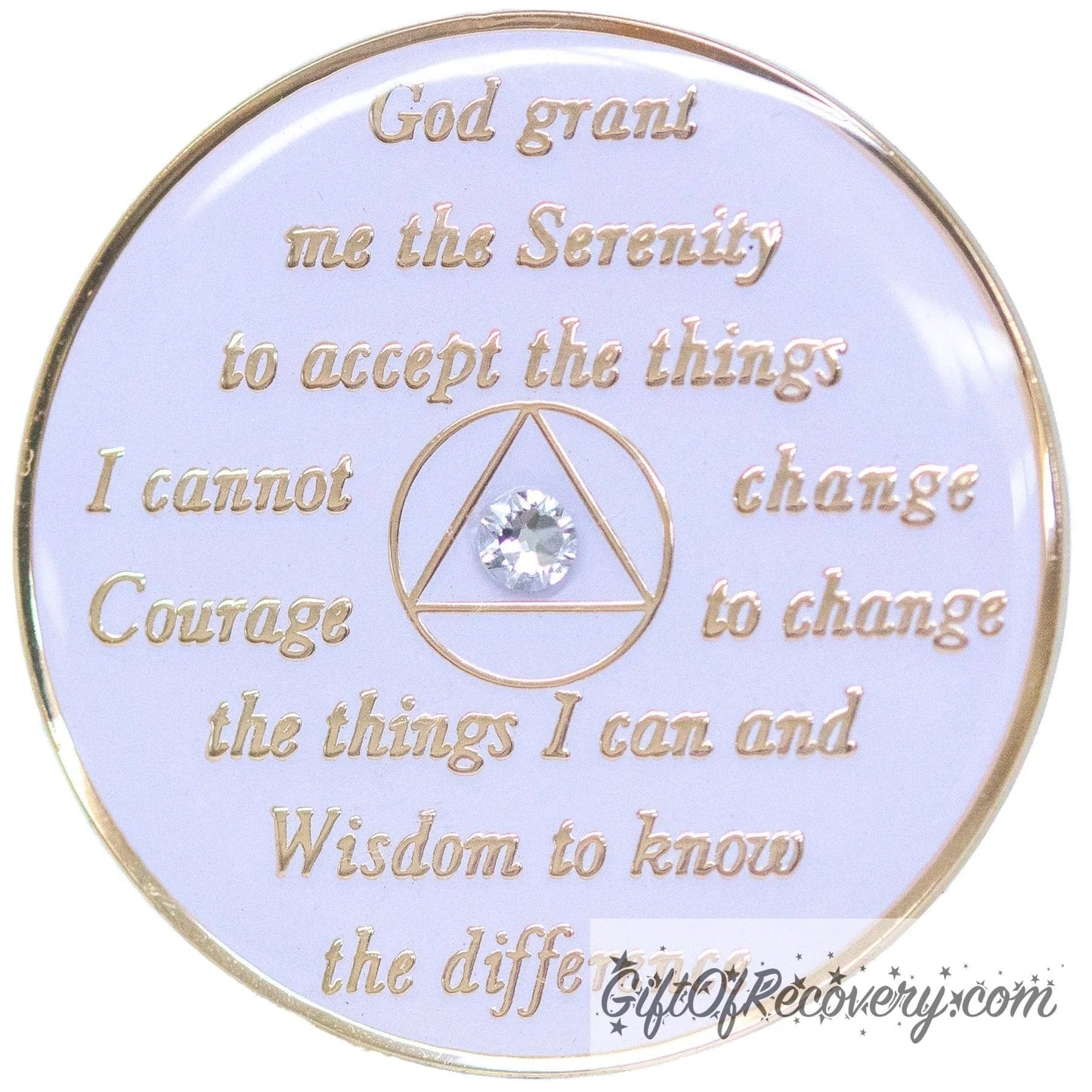 Back of pearl white Transgender AA medallion, the back is pearl white and the serenity prayer along with the circle triangle is embossed with 14k gold-plated brass, with one diamond CZ genuine crystal in the center, the recovery medallion is sealed with resin for a glossy finish that will last and is scratch proof.