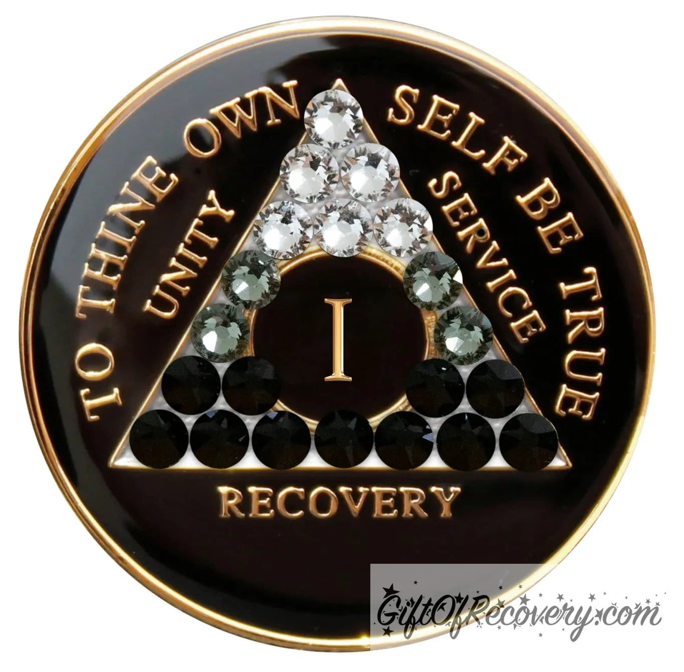 1 year AA recovery medallion black onyx with 21 genuine crystals ranging from clear to grey, to black, representing the transformation of the recovery journey, the AA moto along with unity, service, recovery, roman numeral, and the outer rim of medallion are embossed with 14k gold plated bras, the medallion is sealed in resin for a glossy finish.