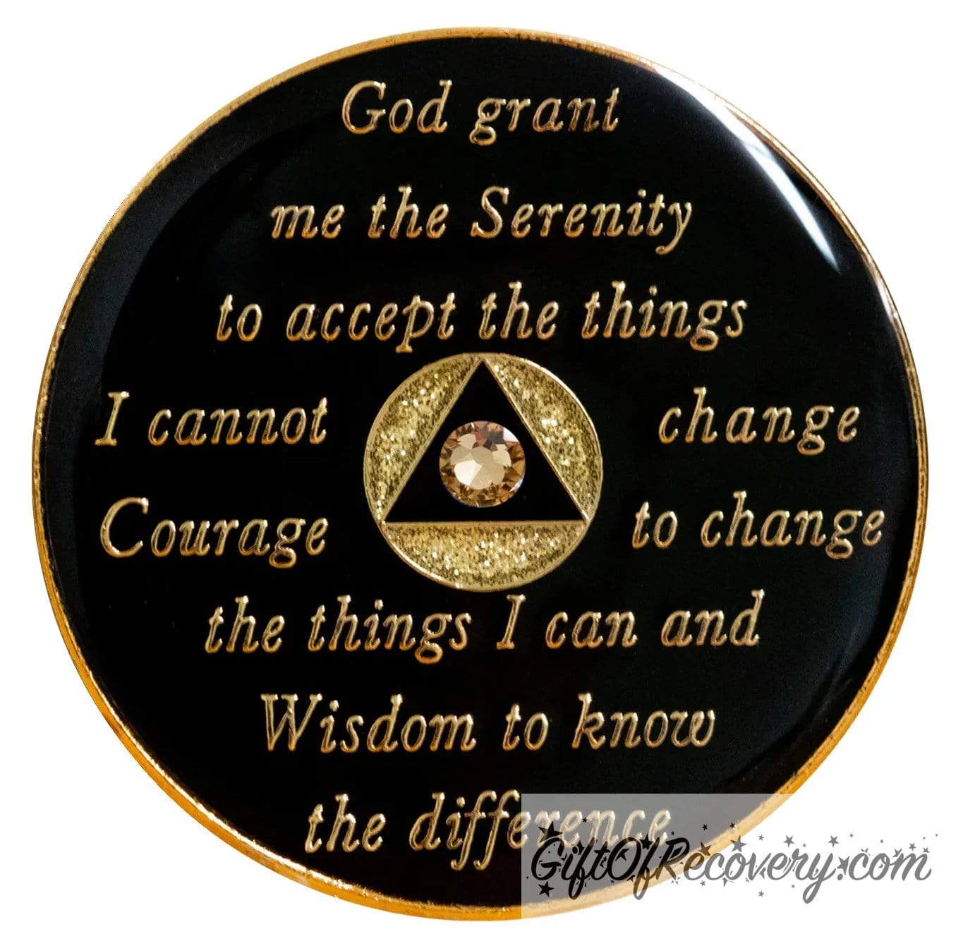 Back of gold glitter AA recovery medallion is black and has the serenity prayer, outer rim, and the circle triangle in the center embossed with 14k gold-plated brass, the circle is gold glitter and triangle is black with one single gold genuine crystal in the center of the triangle, the recovery medallion is sealed with resin for a shiny finish.