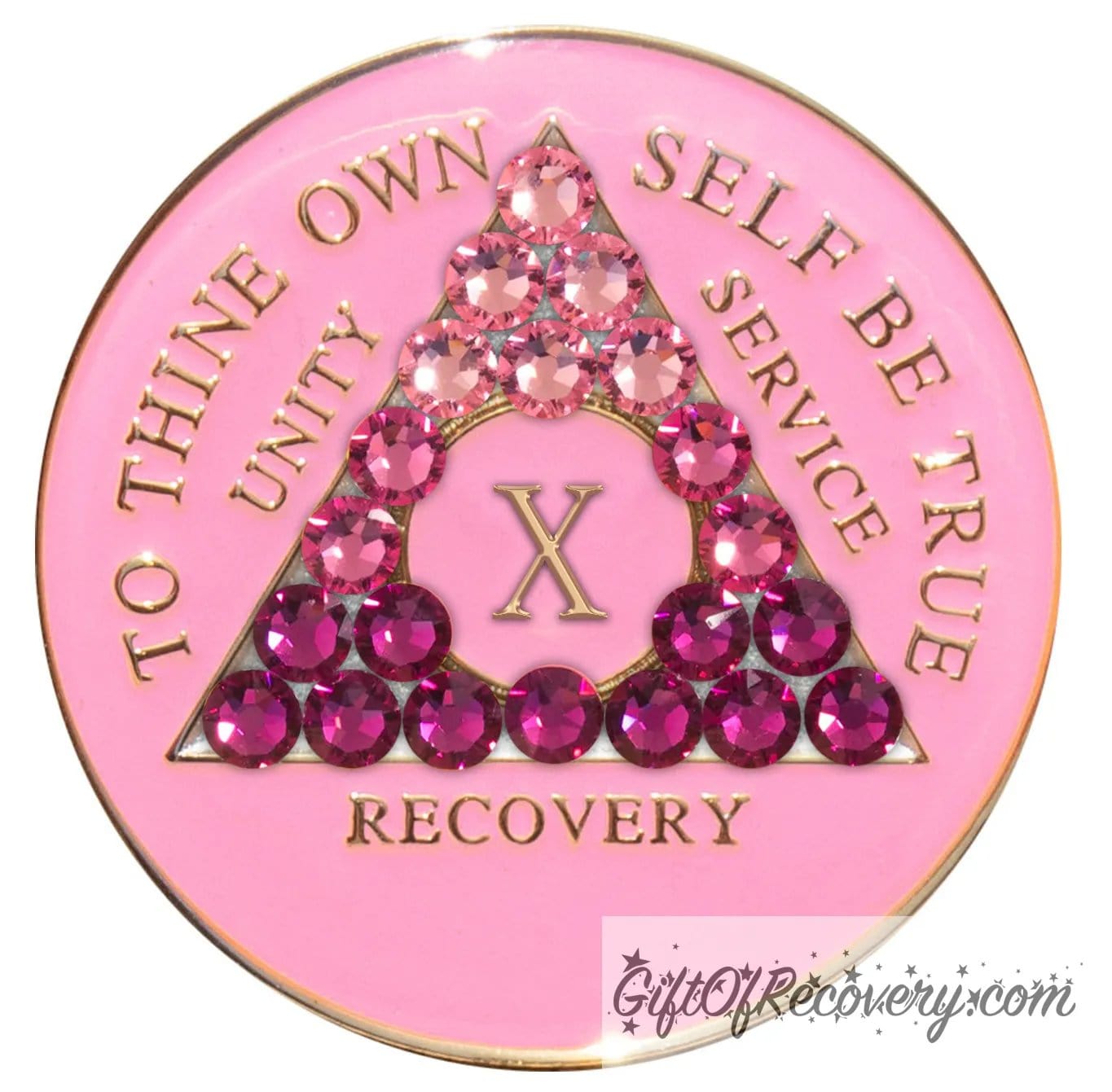 10 year AA medallion princess pink with 21 genuine crystals ranging from dark to light pink in the shape of the triangle in the center to emphasize the transformation in the recovery journey, to thine own self be true, roman number, unity, service recovery are embossed in 14k gold-plated brass, the middle circle is sparkle green and the recovery medallion is sealed in resin for a shiny finish that lasts.