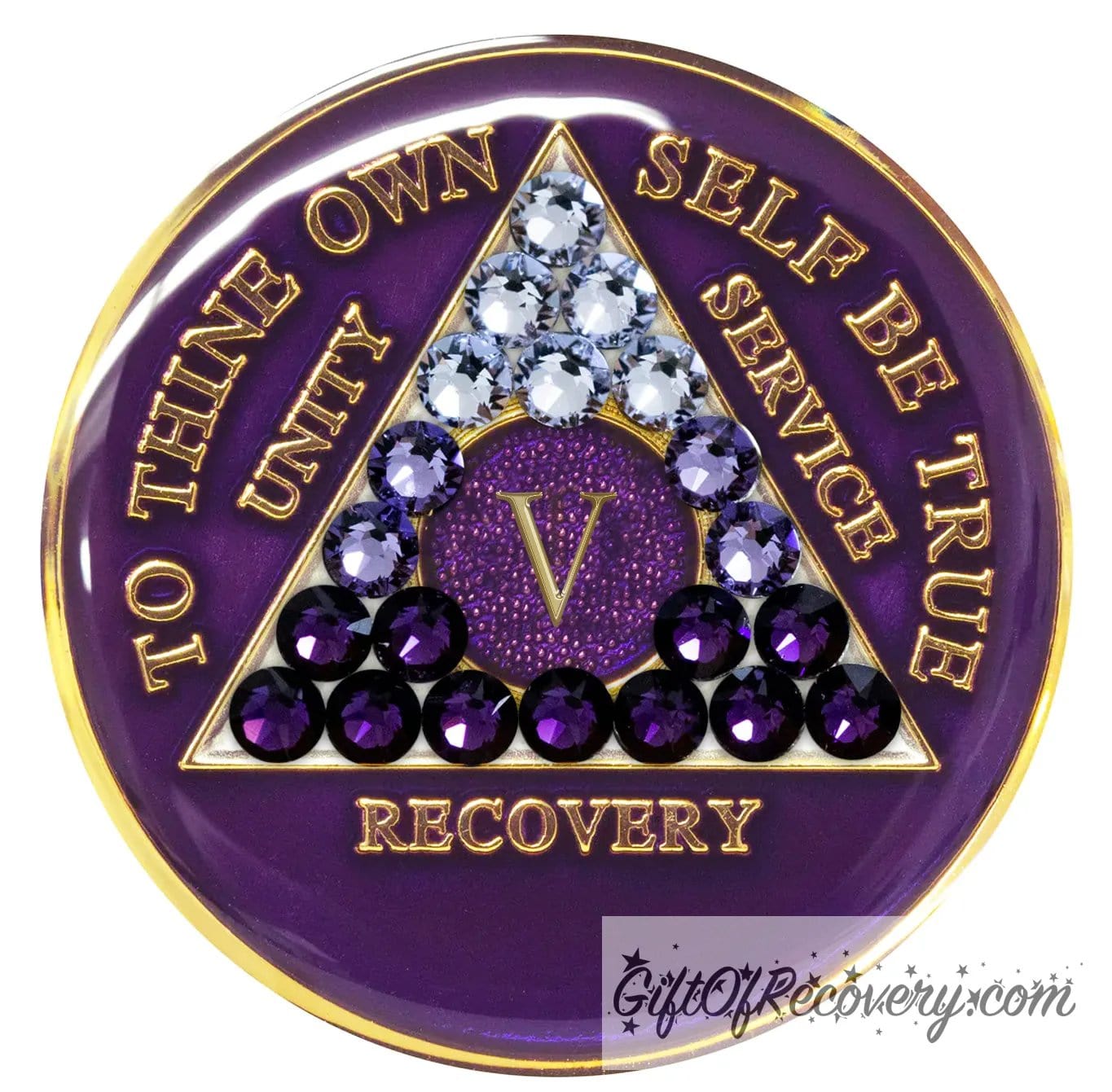5 year Amethyst purple AA medallion with 21 genuine crystals ranging from light to dark for symbolism of transition, the triangle, circle, roman numeral, unity, recovery, service, and to thine own self be true, are embossed with 14k gold, while the middle of the circle with the roman numeral is purple glitter, the recovery medallion is sealed with resin for a glossy finish.