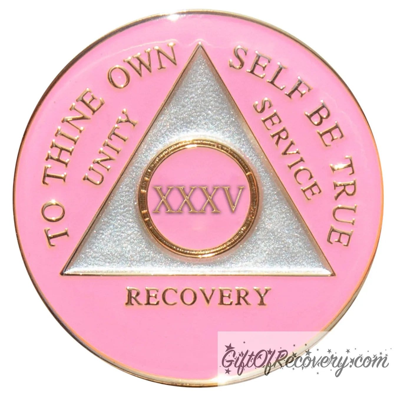 35 year AA medallion Princess pink, the ultimate girl medallion, show off your feminine side, triangle is pearl white, to thine own self be true, unity, service, recovery, and roman numeral are embossed with 14k gold-plated brass, the recovery medallion is sealed with resin for a glossy finish that will last and is scratch free.