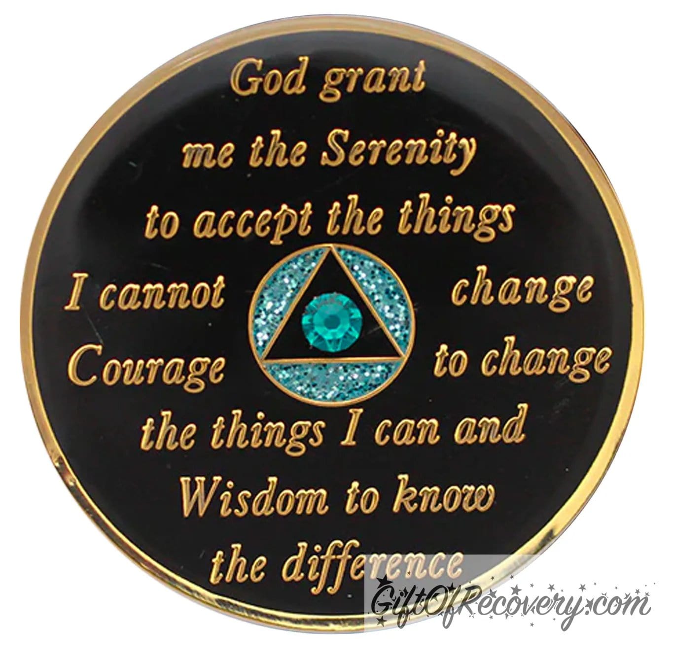 Back of Aquamarine glitter unity crystalized AA recovery medallion is black onyx and has the serenity prayer, outer rim, and the circle triangle in the center 14k gold-plated brass, the circle is glitter aqua and triangle is black with one single blue zircon CZ genuine crystal in the center of the triangle, the recovery medallion is sealed with resin for a shiny finish.