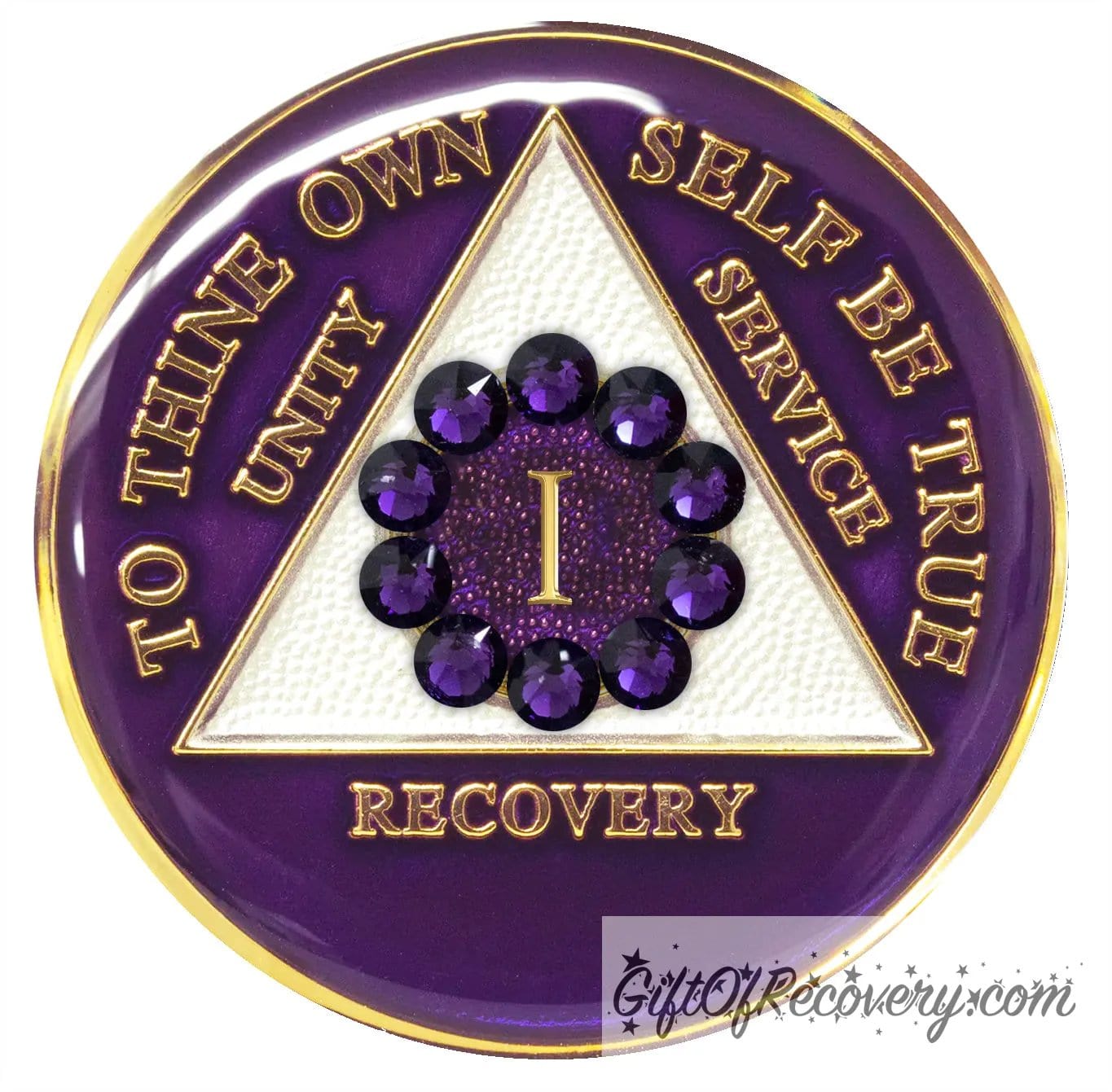 1 year AA medallion purple amethyst, adorned with 10 genuine purple crystals in a circle around the roman numeral to symbolize unity in the program, the triangle is pearl white and the AA moto is embossed with 14k gold-plated brass, sealed with resin for a shiny finish that will last and scratch proof.