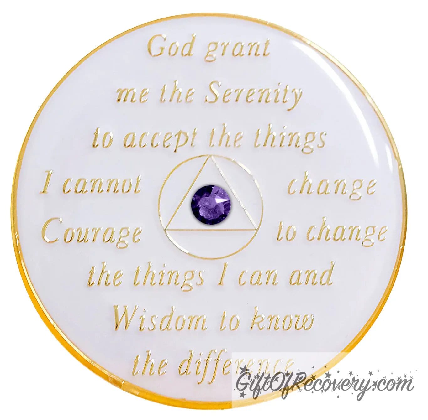 Back of AA pearl white recovery medallion is pearl white and has the serenity prayer, outer rim, and the circle triangle in the center embossed with 14k gold-plated brass, the circle and triangle is white with one single purple velvet genuine crystal in the center of the triangle, the recovery medallion is sealed with resin for a shiny finish.