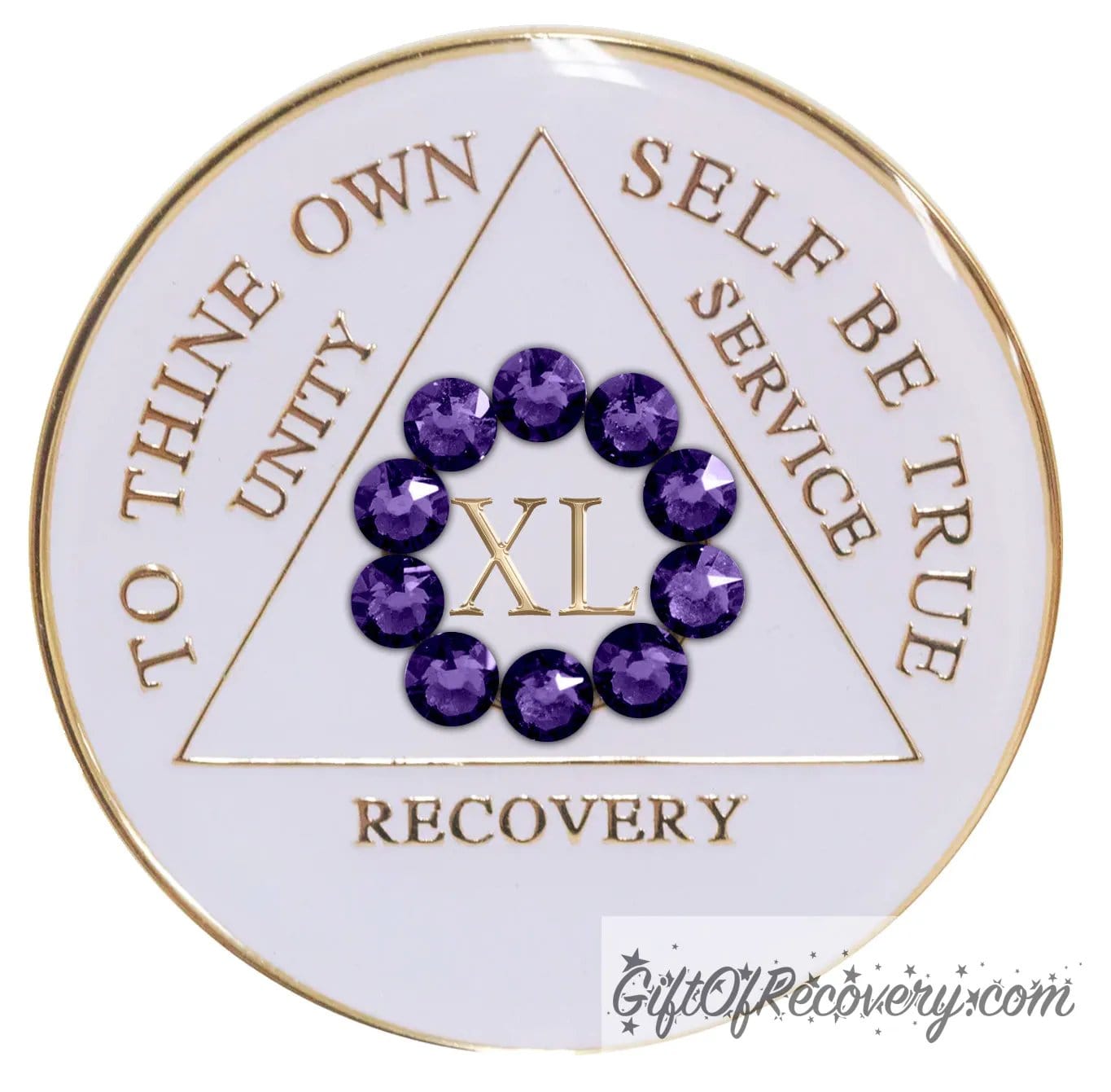 40 year AA medallion in pearl white with ten genuine purple velvet crystal in a circle representing our common welfare and personal recovery, to thine own self be true and other AA moto embossed with 14k gold-plated brass, the recovery medallion is sealed with resin for a scratch free shiny finish.