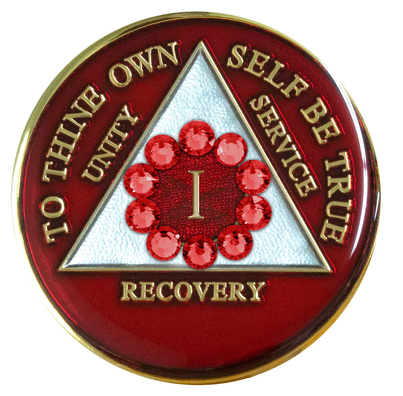 1 Year AA medallion ruby red with 12 ruby red genuine crystals around the roman numeral symbolizing we unity, the legacy that binds us, the triangle is pearl white with to thine own self be true, unity, service, recovery embossed with 14k gold-plated brass, sealed with resin for a lasting finish.
