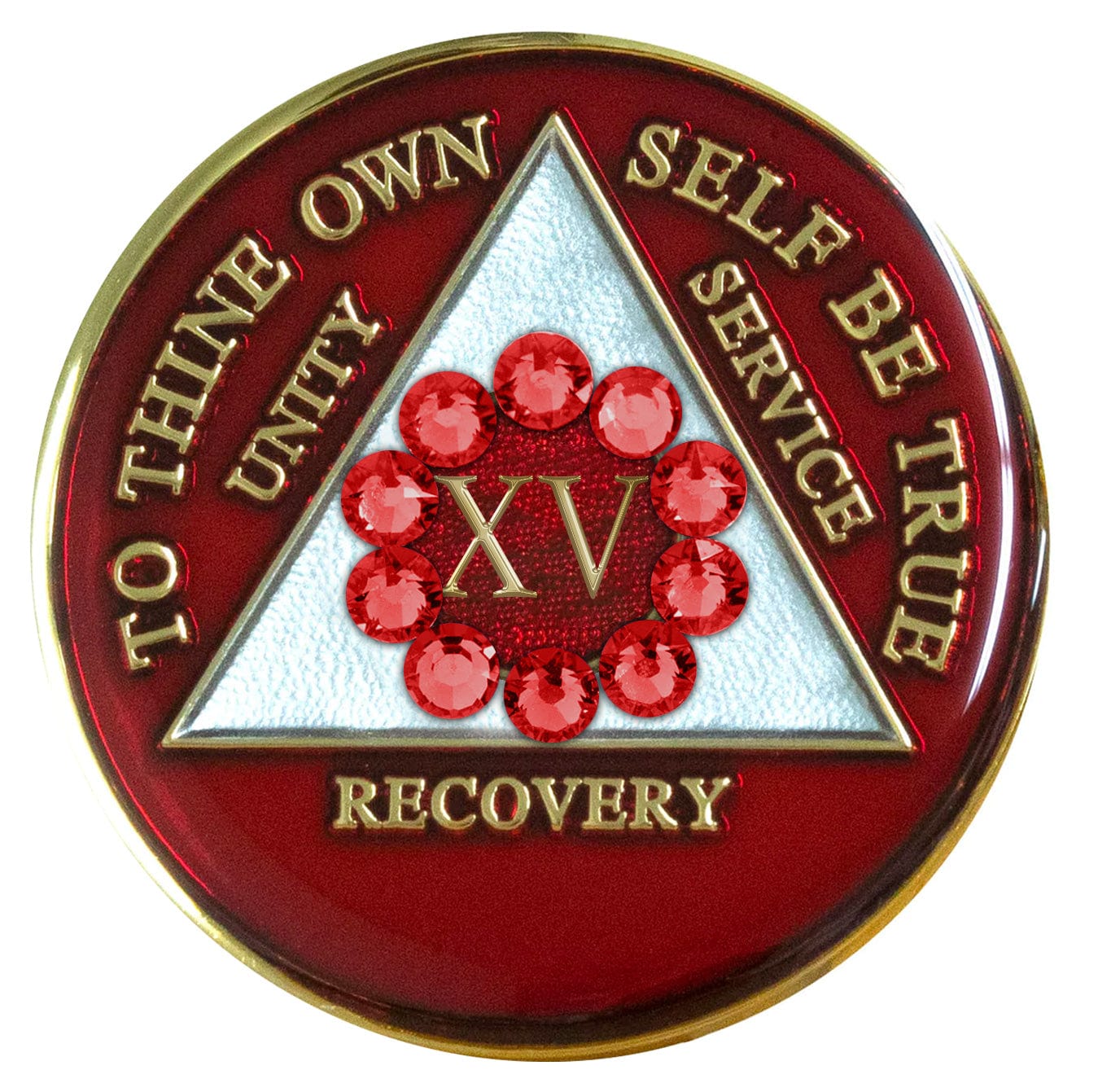 15 Year AA medallion ruby red with 12 ruby red genuine crystals around the roman numeral symbolizing we unity, the legacy that binds us, the triangle is pearl white with to thine own self be true, unity, service, recovery embossed with 14k gold-plated brass, sealed with resin for a lasting finish.