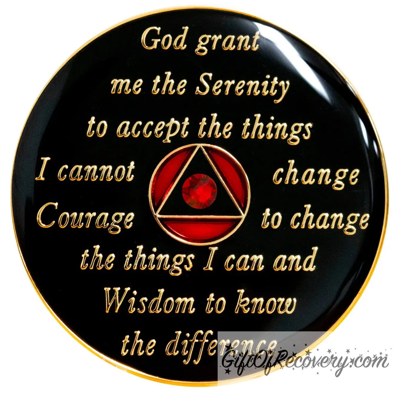 Back of ruby red unity crystalized AA recovery medallion is black onyx and has the serenity prayer, outer rim, and the circle triangle in the center 14k gold-plated brass, the circle is ruby red and triangle is black with one single red CZ genuine crystal in the center of the triangle, the recovery medallion is sealed with resin for a shiny finish.