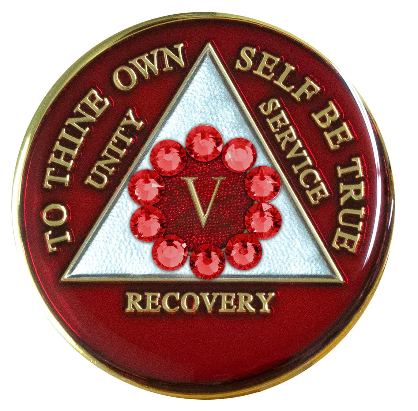 5 Year AA medallion ruby red with 12 ruby red genuine crystals around the roman numeral symbolizing we unity, the legacy that binds us, the triangle is pearl white with to thine own self be true, unity, service, recovery embossed with 14k gold-plated brass, sealed with resin for a lasting finish.