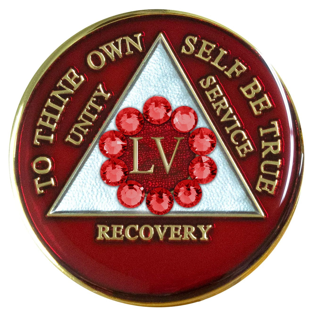 55 Year AA medallion ruby red with 12 ruby red genuine crystals around the roman numeral symbolizing we unity, the legacy that binds us, the triangle is pearl white with to thine own self be true, unity, service, recovery embossed with 14k gold-plated brass, sealed with resin for a lasting finish.