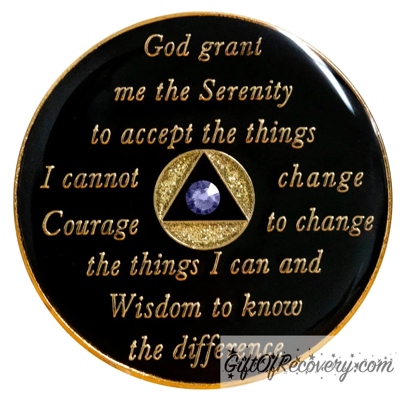 Back of gold glitter unity AA recovery medallion is black and has the serenity prayer, outer rim, and the circle triangle in the center embossed with 14k gold-plated brass, the circle is gold glitter and triangle is black with one single purple genuine crystal in the center of the triangle, the recovery medallion is sealed with resin for a shiny finish.