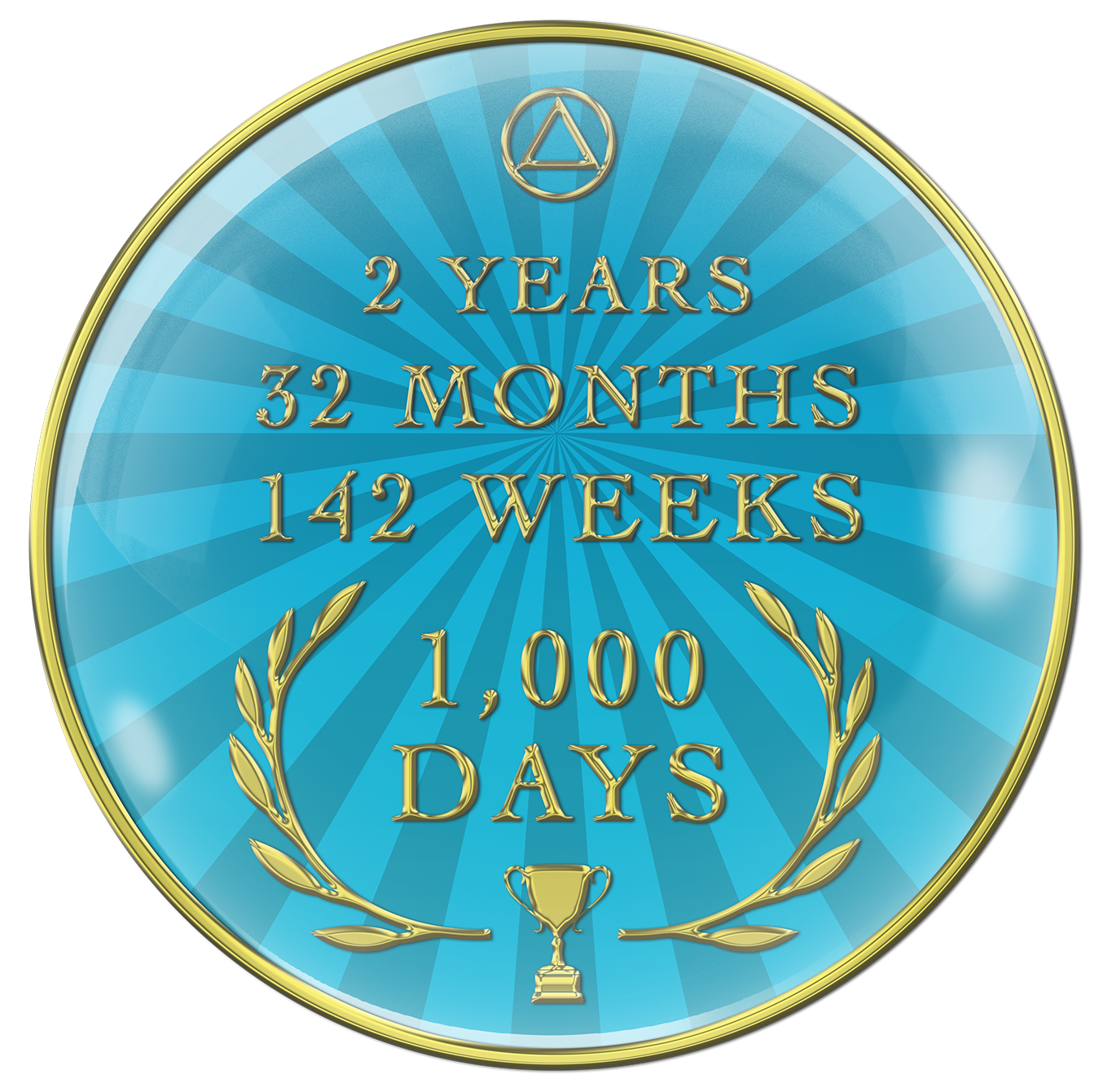 Back of 1,000 days AA medallion with 2 years, 32 months, and 142 weeks, 1,000 days and a trophy along with Greek leaves, and an AA symbol at the top, Aqua and blue rays, sealed with resin for a glossy finish.