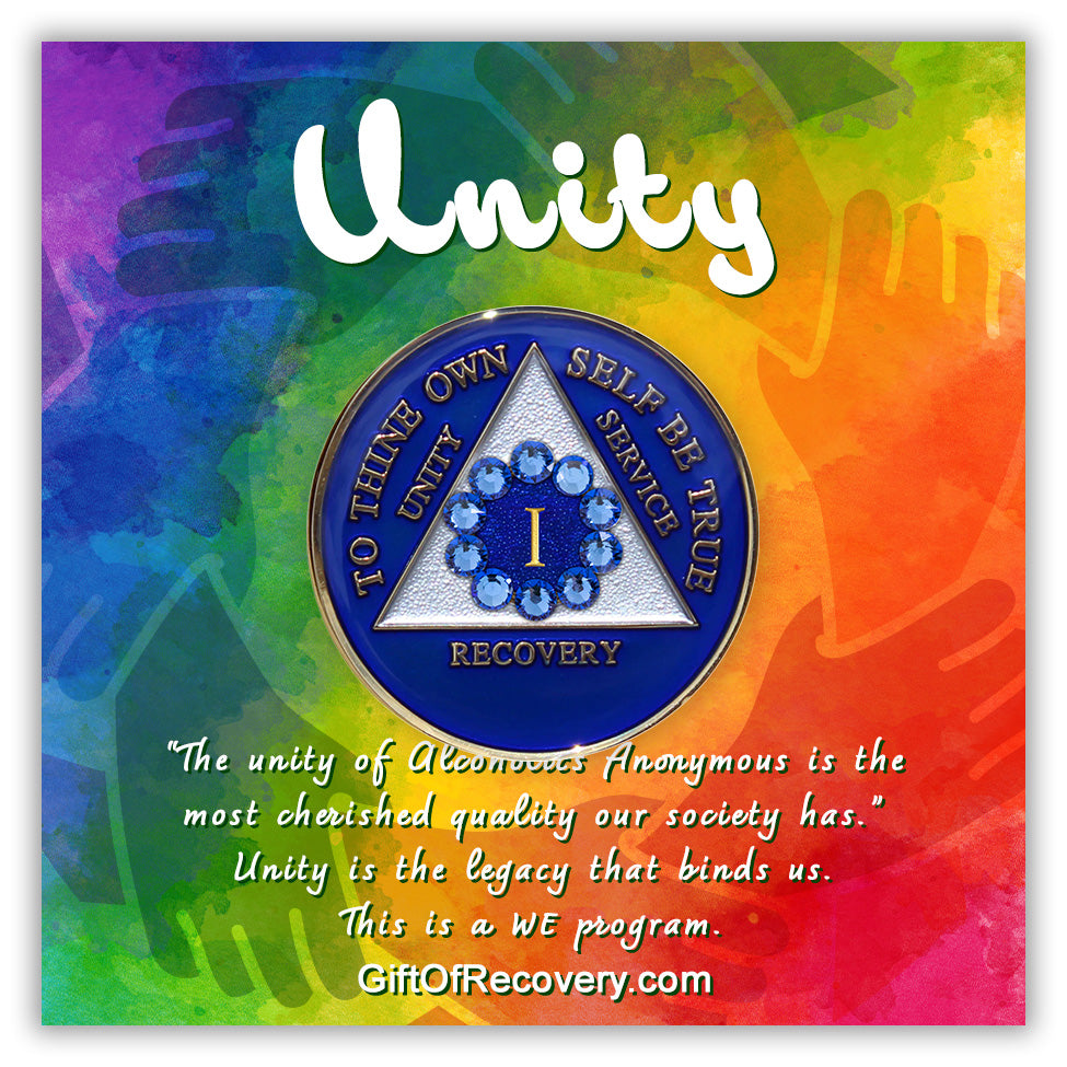 1 year AA medallion Big Book blue, 10 blue genuine crystals in a circle around the roman numeral emphasizing unity in recovery, triangle is pearl white, AA slogan and three legacies are embossed 14k gold-plated brass, recovery medallion is sealed with resin for a glossy finish, featured on a tie-dye 3x3 card with silhouette of hands joined in a circle, unity at the top and a description paragraph, unity is the legacy that binds us.