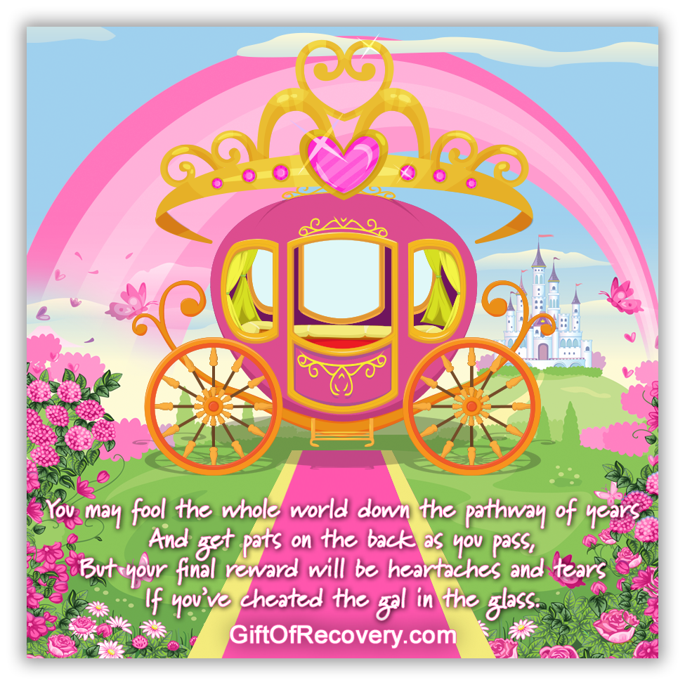 Sober princess 3x3 card with a pink and gold carriage adorned with a large gold crown that has one big heart in the center and 3 pink dots on either side, there is a pink path leading to the carriage, a castle in the background, pink flowers lining both sides of the card, butterflies and a big pink rainbow gracing the blue sky.