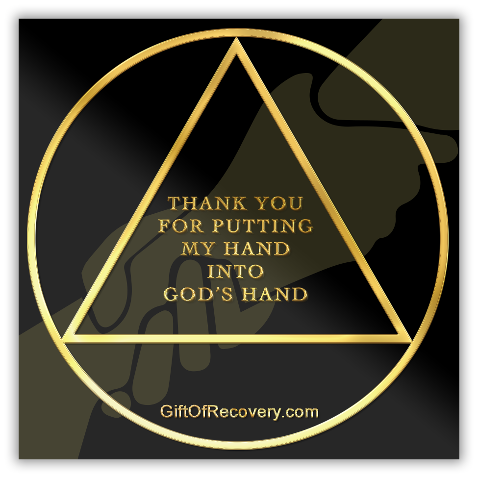 Recovery is a gift 3x3 black card with a silhouette of two hand joined, a bold circle triangle with the words, thank you for putting my hand into God's hand in the center of the triangle.